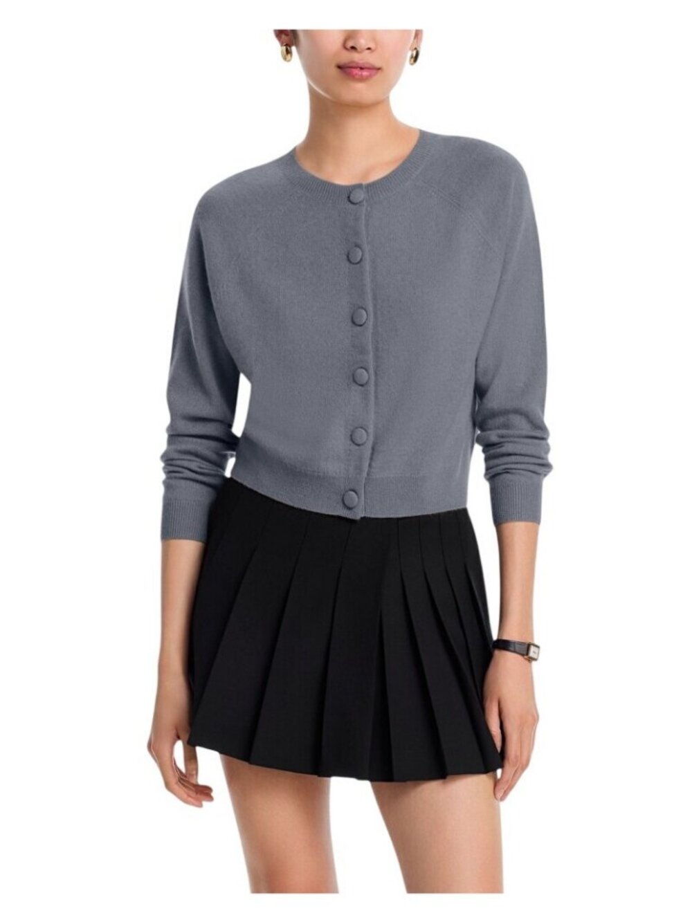 NWT Aqua 100% Cashmere Crop Button Crewneck Cardigan V10932 Medium Gray XS